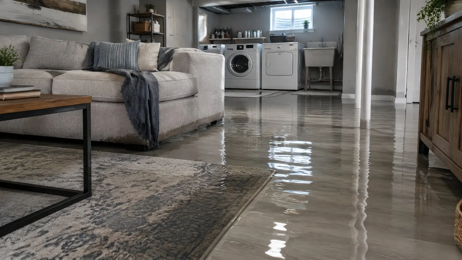 Flooded finished basement with water across the floor