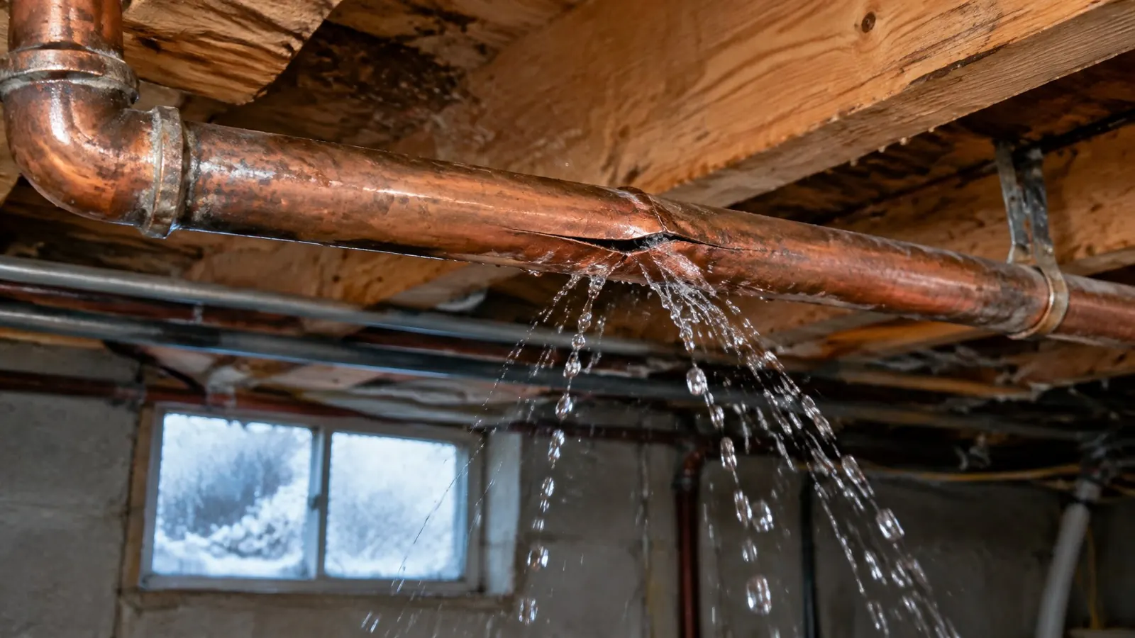 Split copper pipe spraying water between basement floor joists, with frost on the window behind