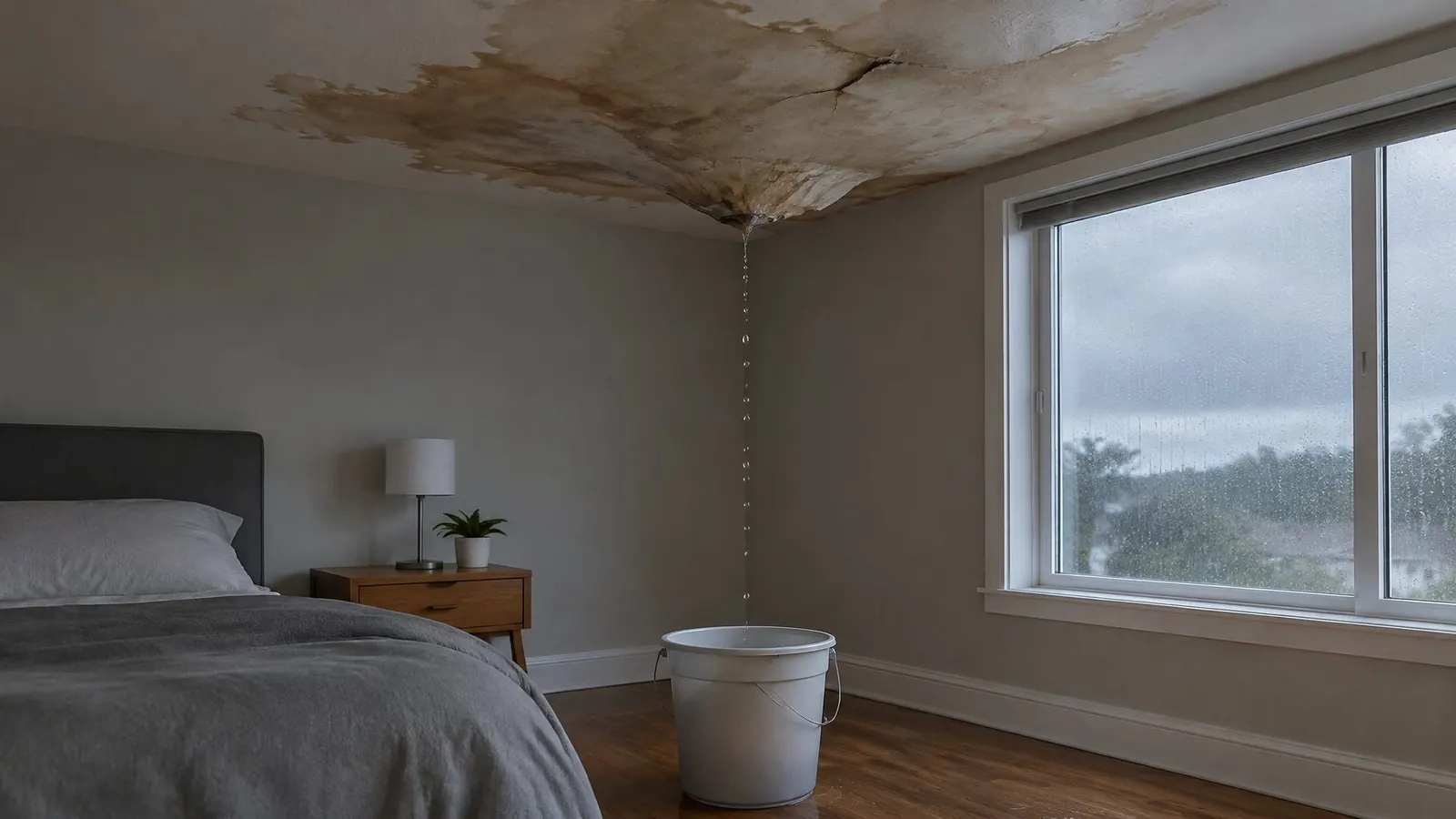 Bedroom ceiling with a large brown water stain dripping into a bucket while rain streaks the window
