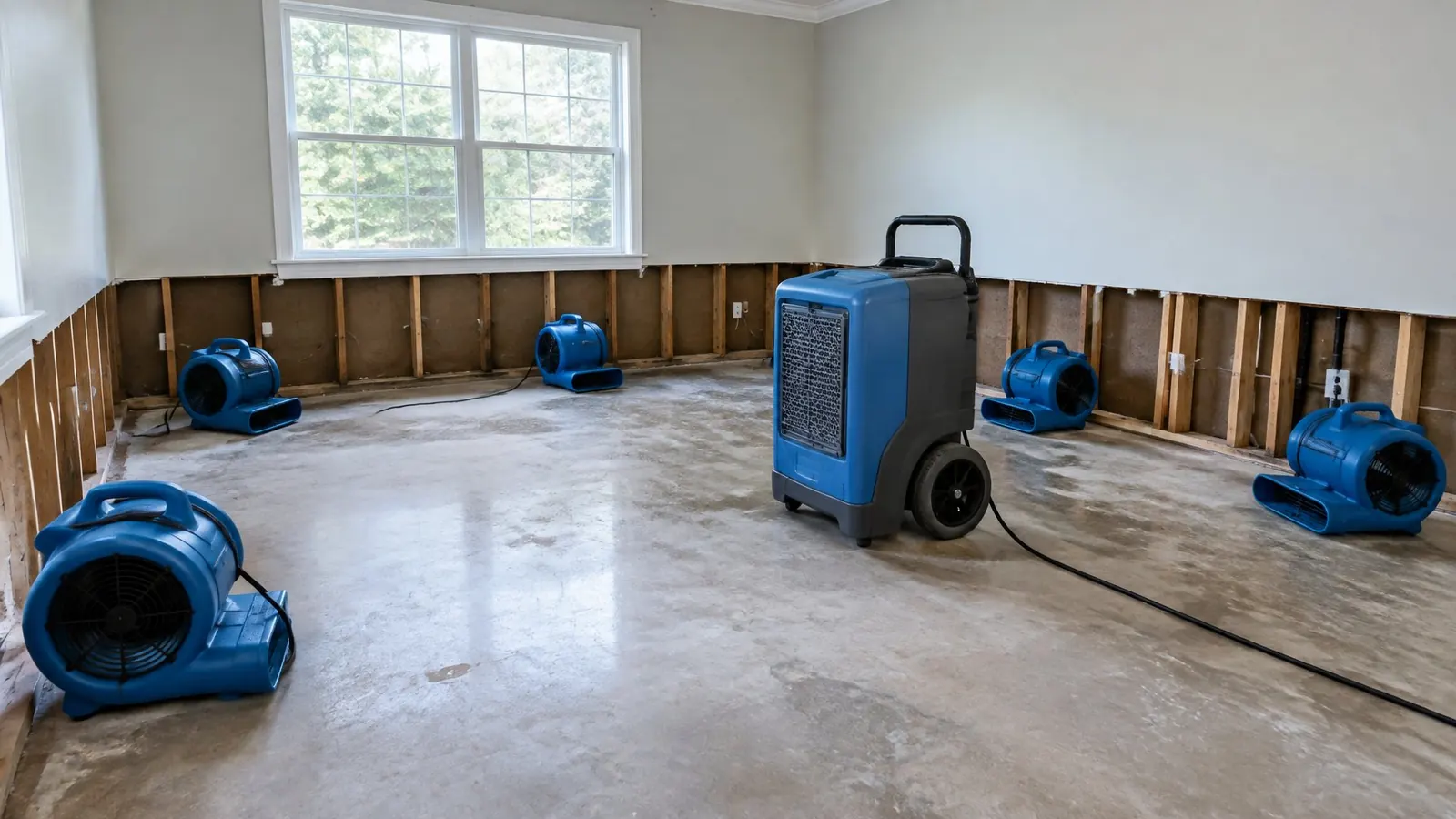 Air movers and a dehumidifier drying a room with the lower drywall removed