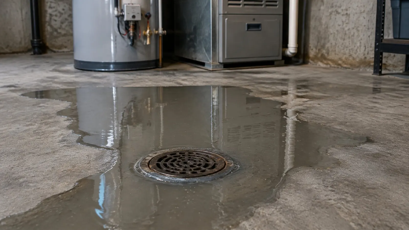 Murky water backed up around a basement floor drain