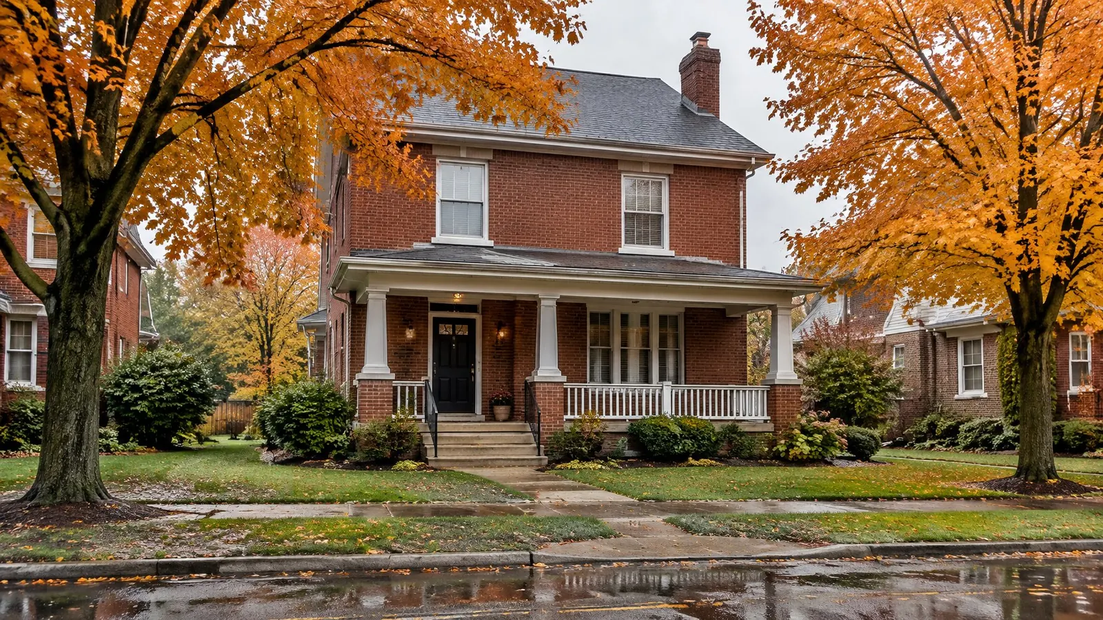 Two-story red brick house with a front porch on a wet Columbus street after heavy autumn rain