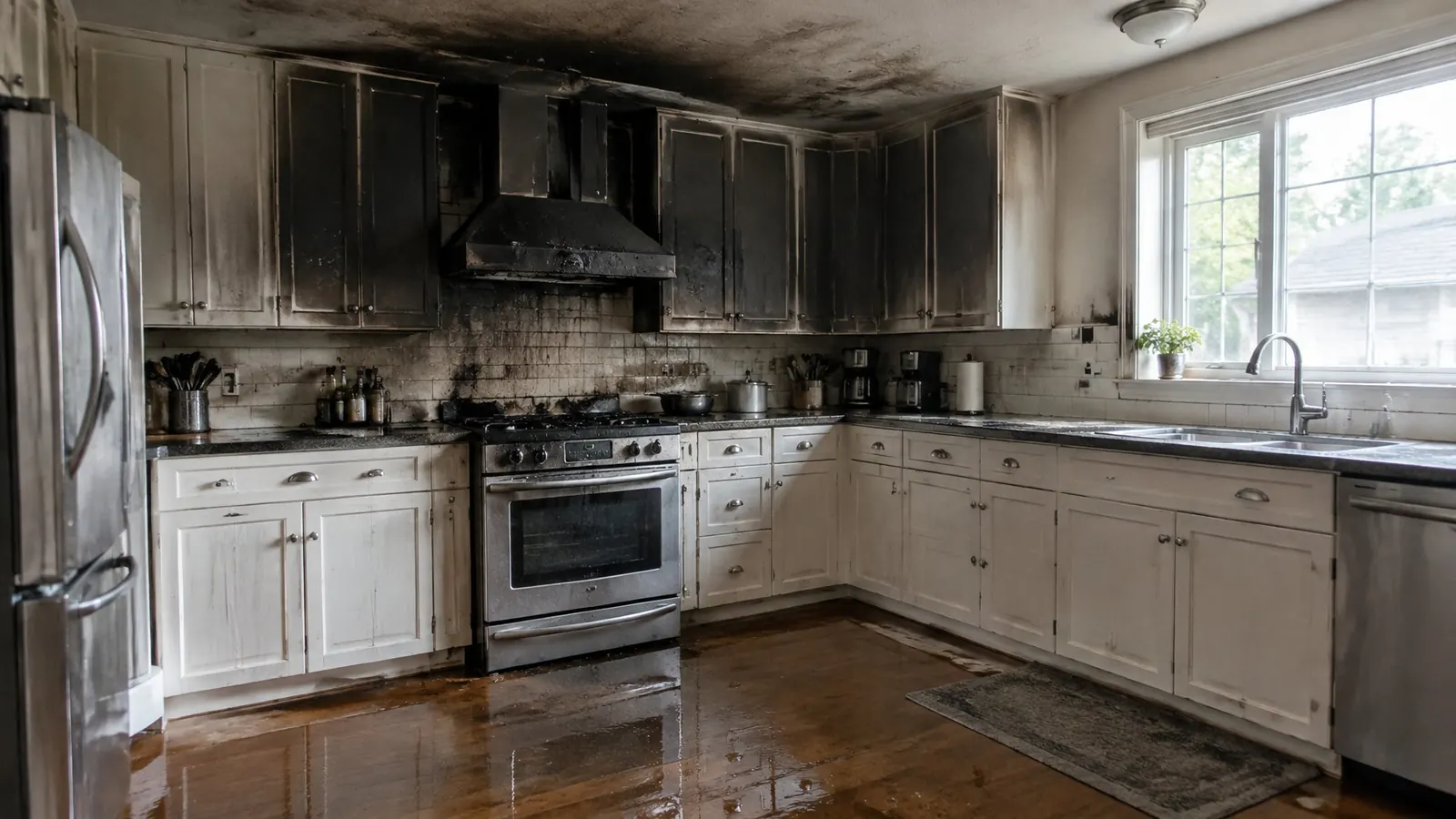 Kitchen after a small fire, with smoke-blackened cabinets, soot on the ceiling and water on the floor