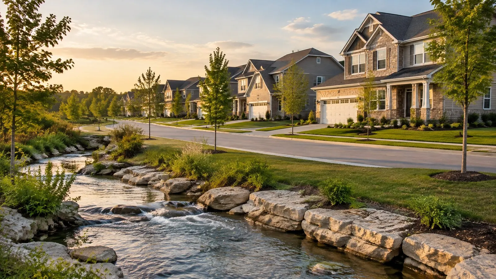 Newer two-story suburban homes with stone fronts along a curving street, with a creek in the foreground