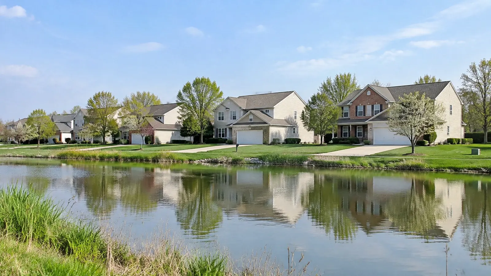 Two-story suburban homes with brick fronts beside a retention pond
