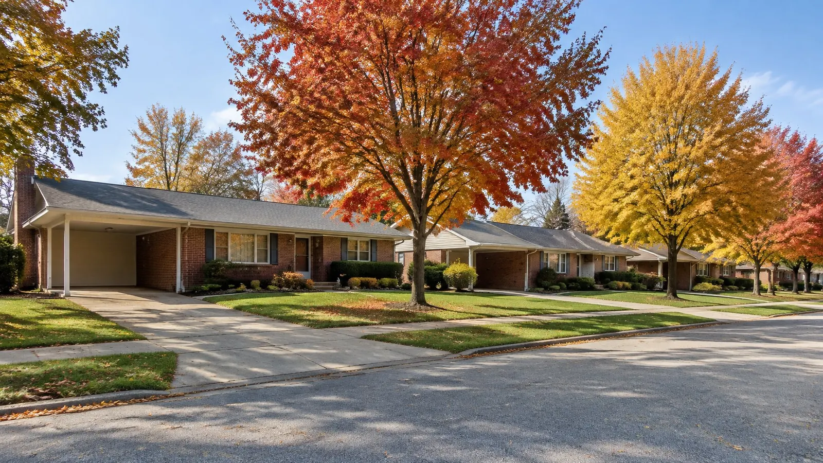 Single-story brick ranch homes with carports and lawns on a flat suburban street