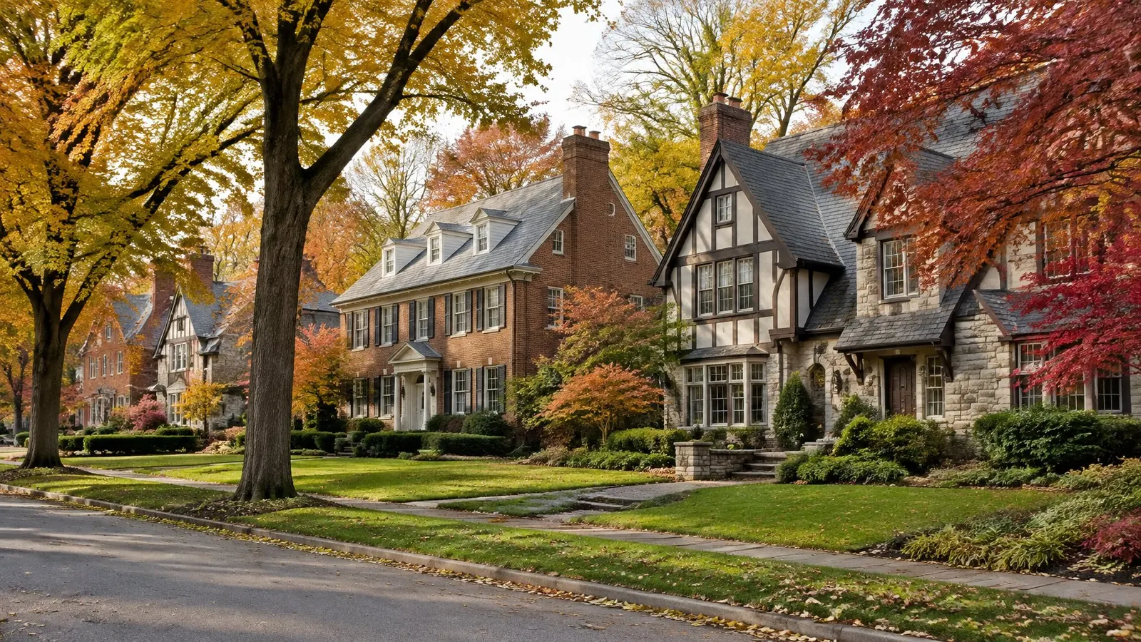Older brick and stone Tudor Revival and Colonial Revival houses on a tree-lined street in autumn