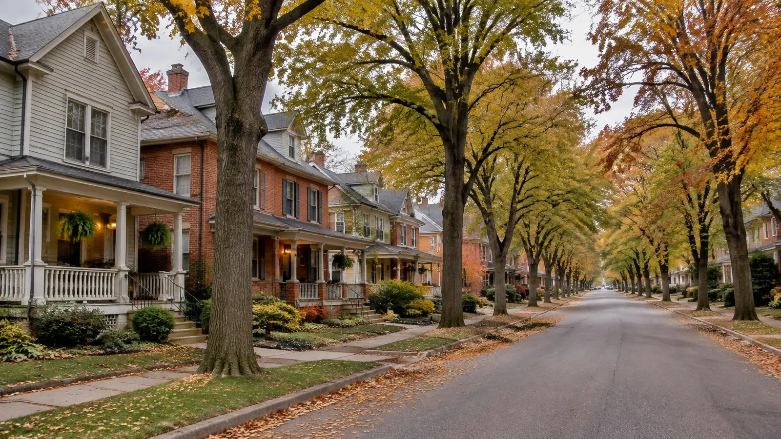 Older two-story homes with front porches on a tree-lined street in autumn