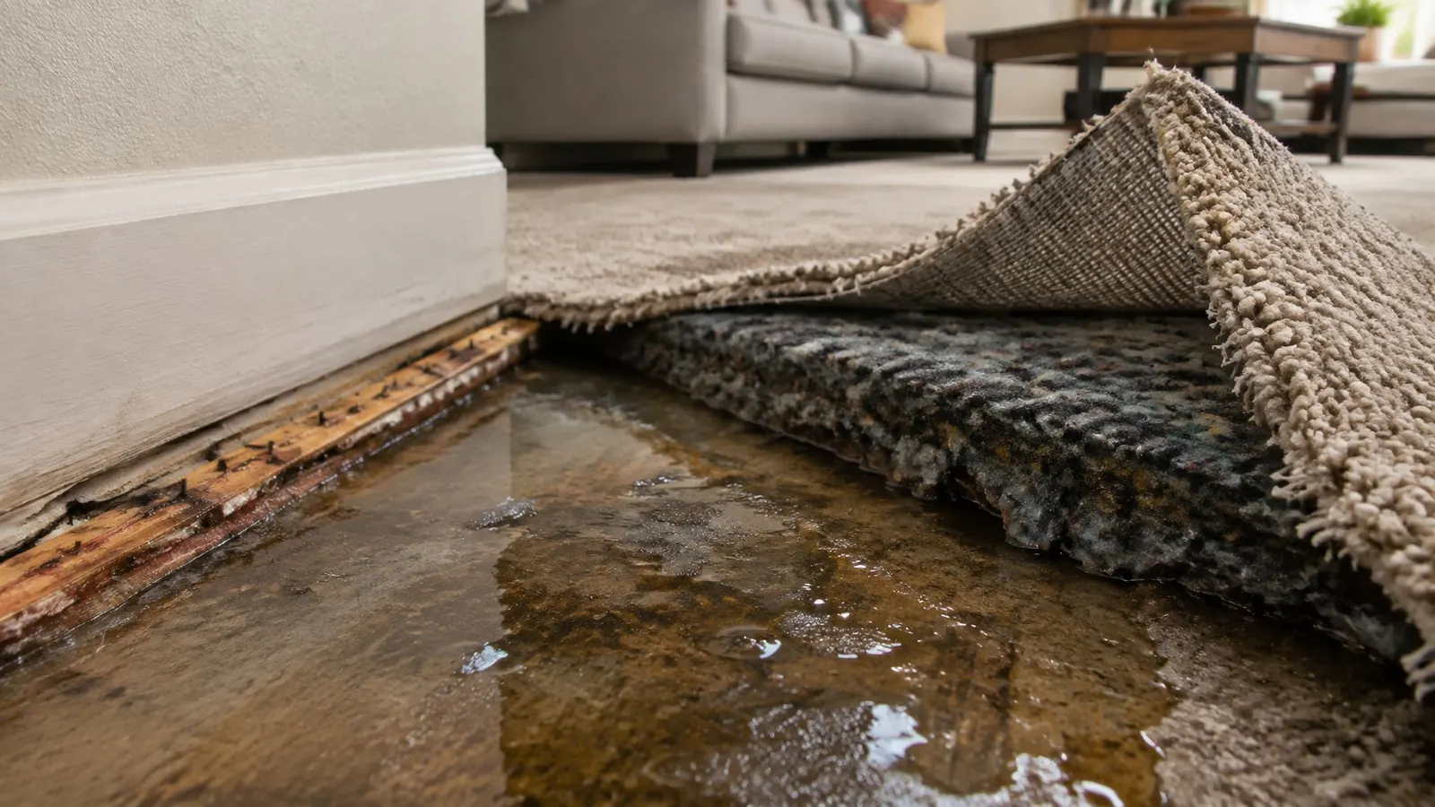 Corner of soaked carpet pulled back from the tack strip, showing wet pad and subfloor